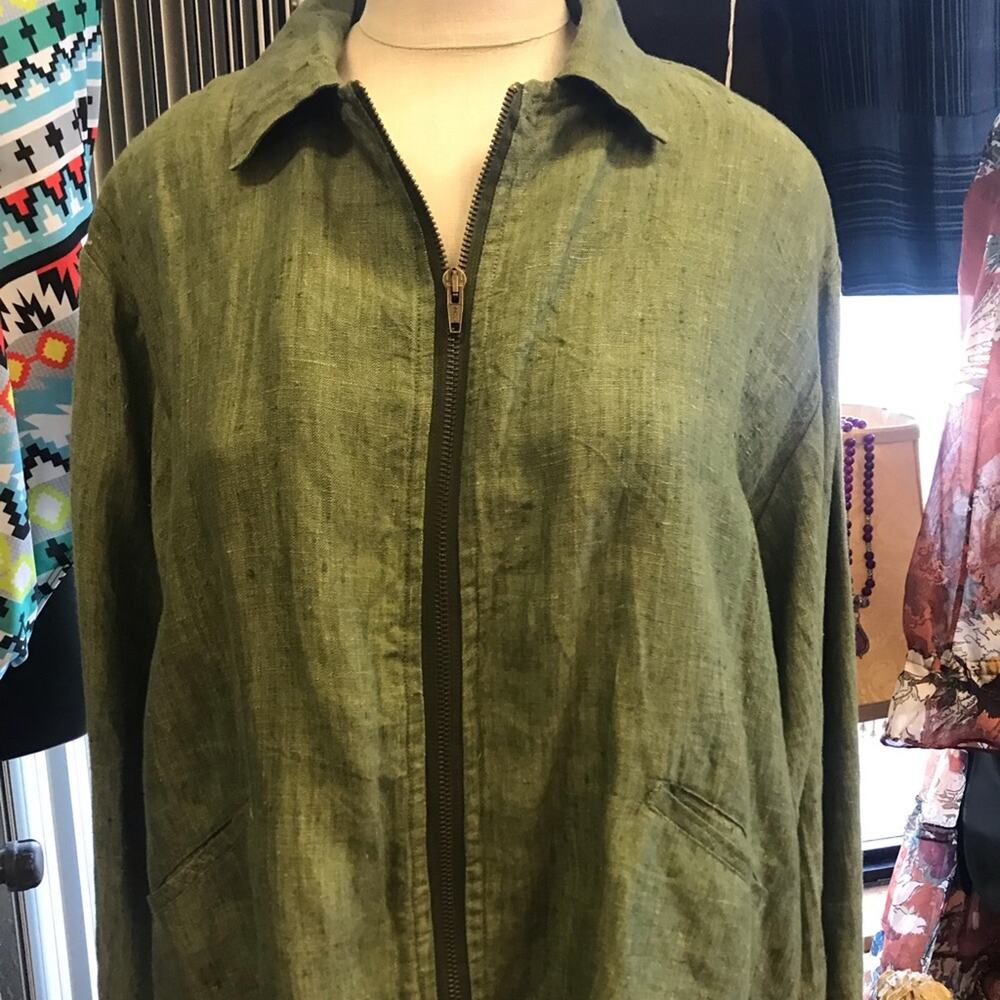 Flax S green linen zip front top